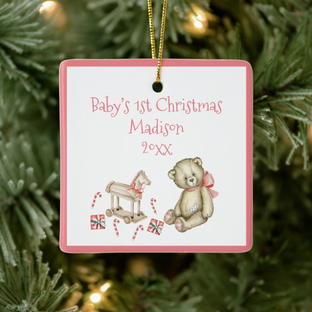 Baby’s 1st Christmas Personalize Pink Cute Baby Ceramic Ornament (Tree)