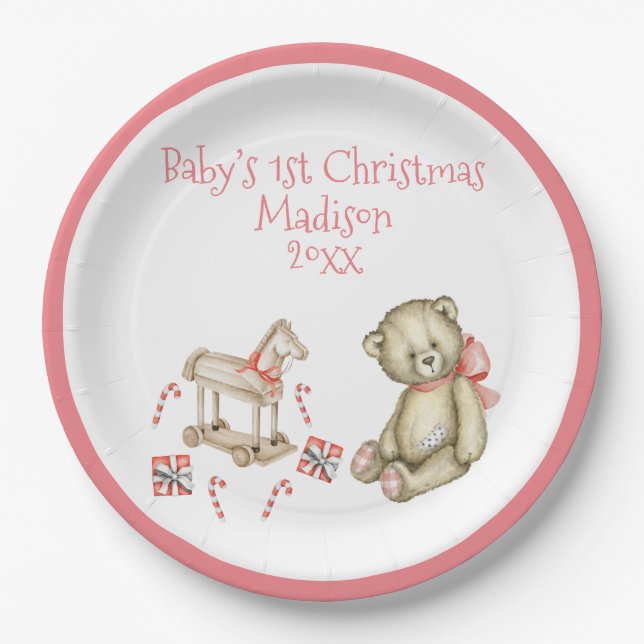Baby’s 1st Christmas Personalize Pink Cute Baby Paper Plates (Front)