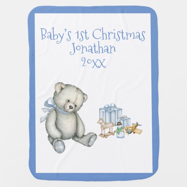 Baby’s 1st Christmas Personalized Blue Keepsake Baby Blanket (Front)