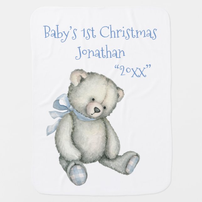 Baby’s 1st Christmas Personalized Blue Keepsake  Baby Blanket (Front)