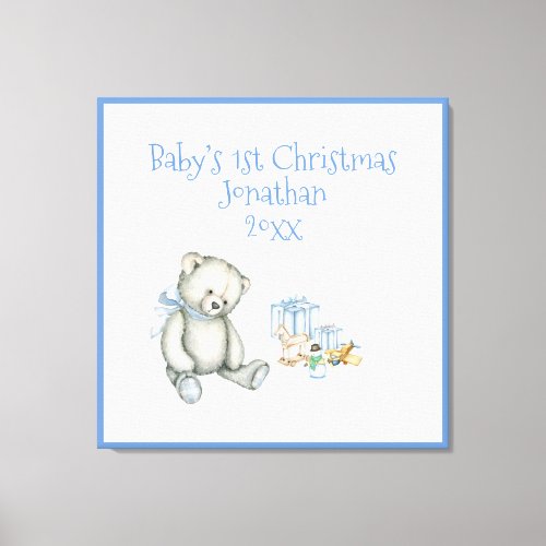 Babys 1st Christmas Personalized Blue Keepsake Canvas Print