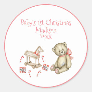 Baby’s 1st Christmas Personalized Pink Cute Classic Round Sticker
