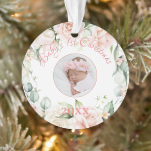 Baby’s 1st Christmas Photo Pink Floral Ornament