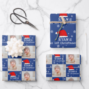 Baby`s 1st Christmas Photo Santa Hat Snowflake Wrapping Paper Sheets