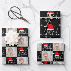 Baby`s 1st Christmas Photo Santa Hat Snowflake Wrapping Paper Sheets
