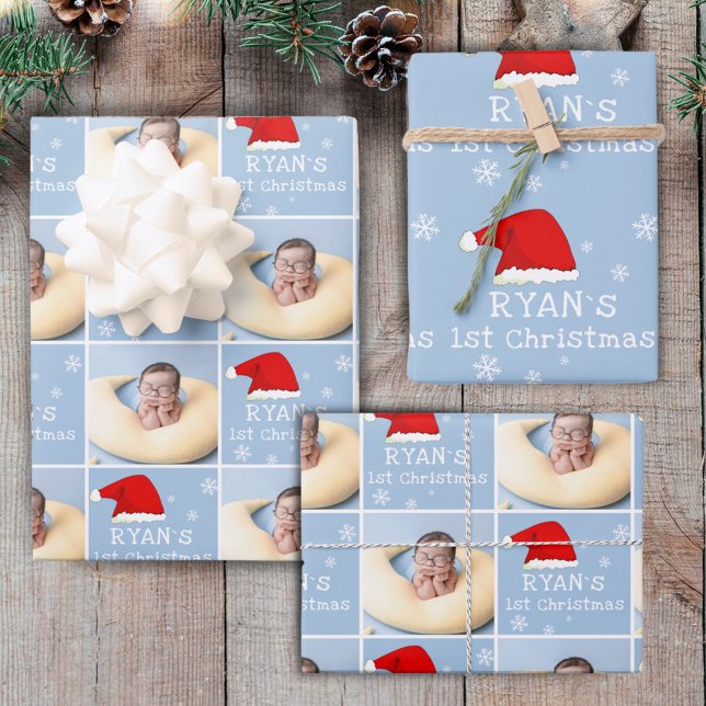 Baby`s 1st Christmas Photo Santa Hat Snowflake Wrapping Paper Sheets (Creator Uploaded)
