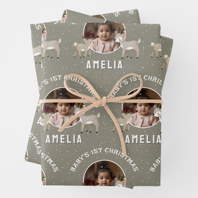 Baby’s 1st Christmas Reindeer Keepsake Photo Wrapping Paper Sheets (In situ)