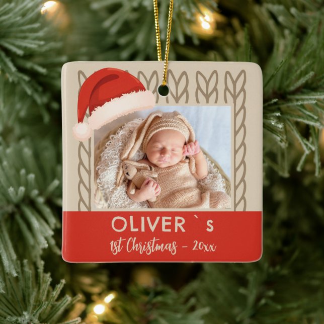 Baby`s 1st Christmas Santa Hat Knitting Photo Ceramic Ornament (Tree)