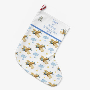 Baby’s 1st Christmas Watercolor Name For Him Blue Large Christmas Stocking