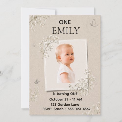 Baby’s Breath Beige First Birthday Photo Invitation