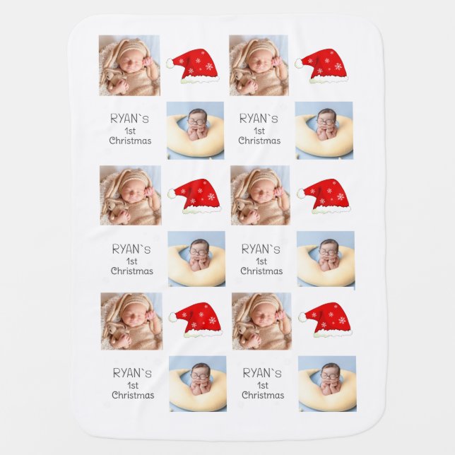 Baby`s First Christmas 2 Photo Santa Hat Snowflake Baby Blanket (Front)