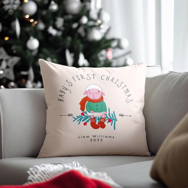 Baby’s First Christmas Adorable Lamb  Ornament Throw Pillow (Creator Uploaded)