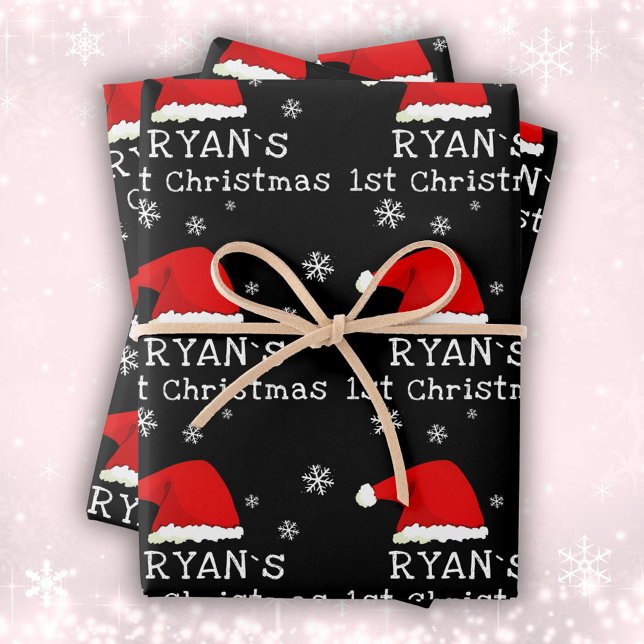 Baby`s First Christmas Black Santa Hat Snowflake  Wrapping Paper Sheets (Creator Uploaded)
