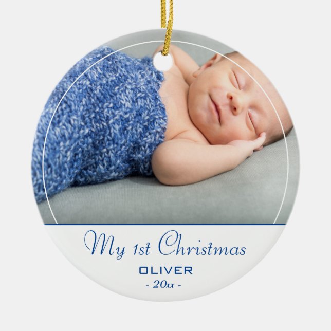 Baby`s First Christmas Blue Baby Boy Photo Ceramic Ornament (Front)