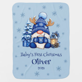 Baby’s First Christmas Blue Gnome Name Baby Blanket