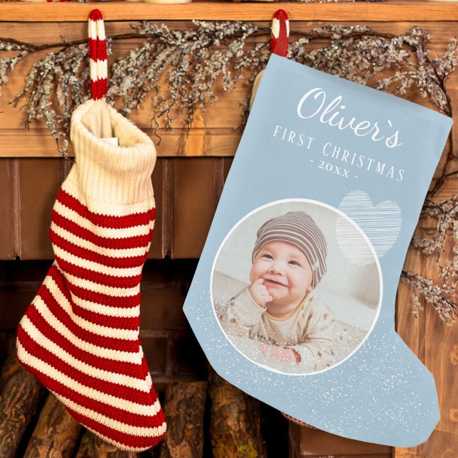 Baby`s First Christmas Blue Heart Photo Small Christmas Stocking (Creator Uploaded)
