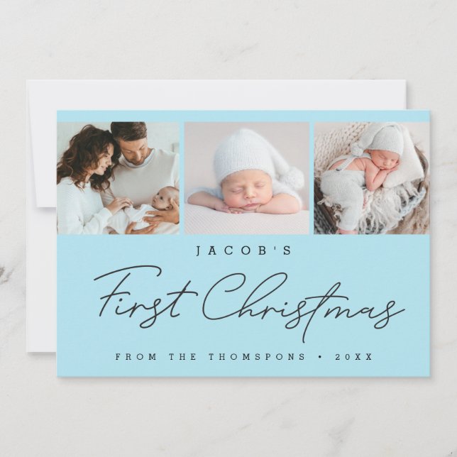 Baby’s First Christmas Blue Photo Collage Modern Holiday Card (Front)