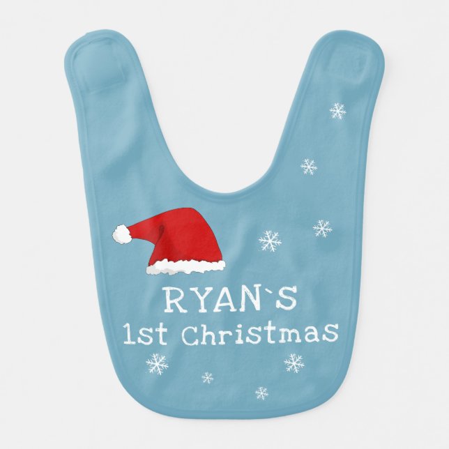 Baby`s First Christmas Blue Santa Hat Snowflake Baby Bib (Front)