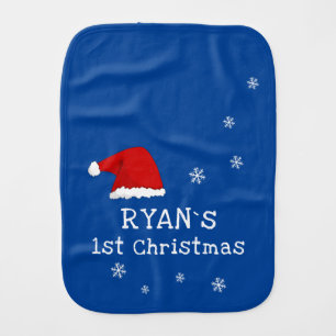 Baby`s First Christmas Blue Santa Hat Snowflake Baby Burp Cloth