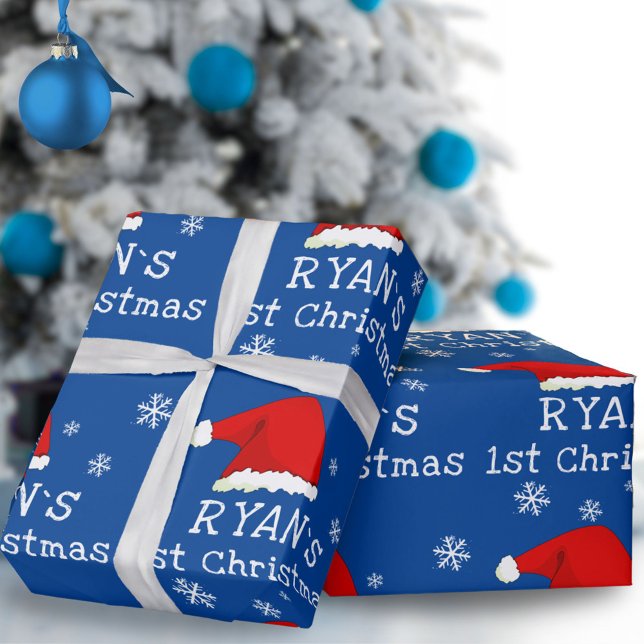 Baby`s First Christmas Blue Santa Hat Snowflake Wrapping Paper (Creator Uploaded)