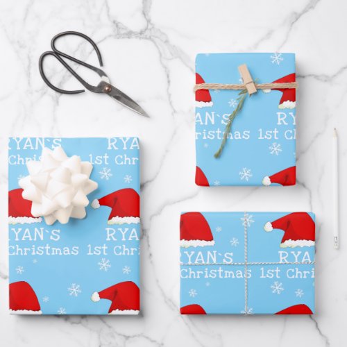 Babys First Christmas Blue Santa Hat Snowflake Wrapping Paper Sheets