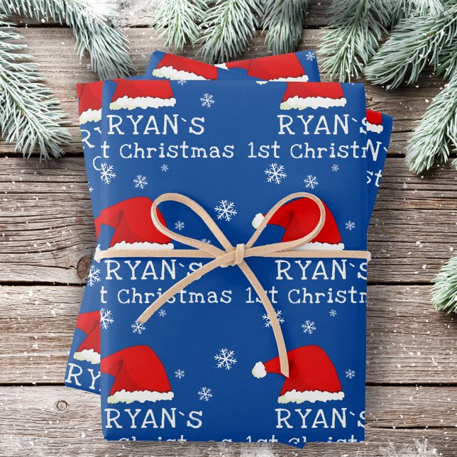 Baby`s First Christmas Blue Santa Hat Snowflake Wrapping Paper Sheets (Creator Uploaded)