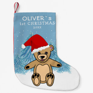 Baby`s First Christmas Blue Teddy Bear Sant Hat Small Christmas Stocking