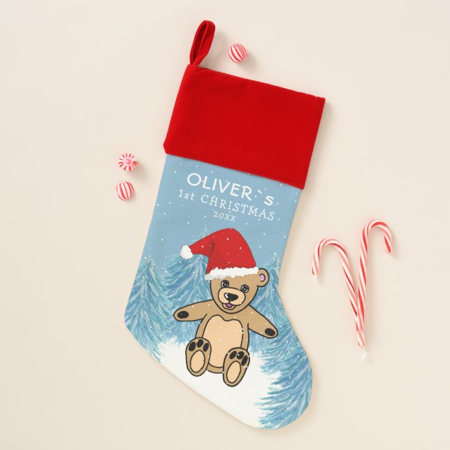 Baby`s First Christmas Blue Teddy Bear Sant Hat Stocking (Front)