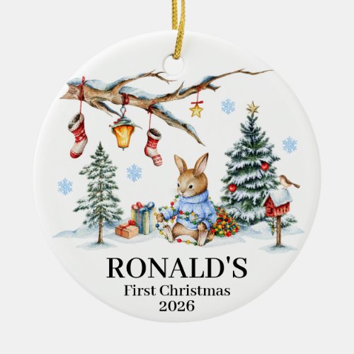 Baby’s First Christmas Bunny Name &amp; Year Ceramic Ornament