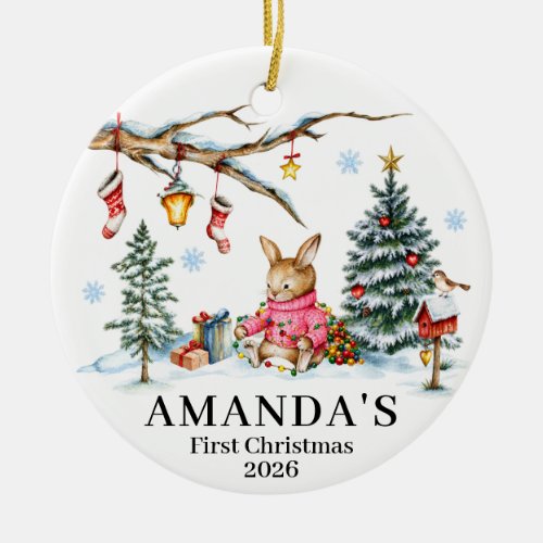 Baby’s First Christmas Bunny Name &amp; Year Ceramic Ornament