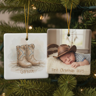 Baby’s First Christmas Cowboy Boots Photo Ceramic Ornament