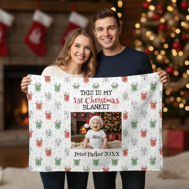 Baby’s First Christmas Custom Name Photo Reindeer  Fleece Blanket (Creator Uploaded)