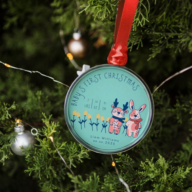 Baby’s First Christmas cute Reindeer Friends Metal Ornament (Creator Uploaded)