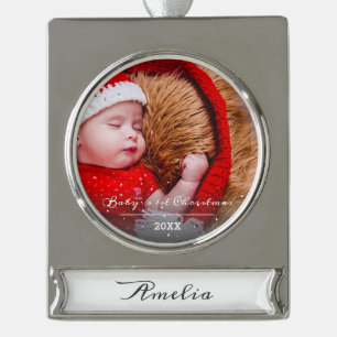Baby`s First Christmas Cute Script Photo Ornament