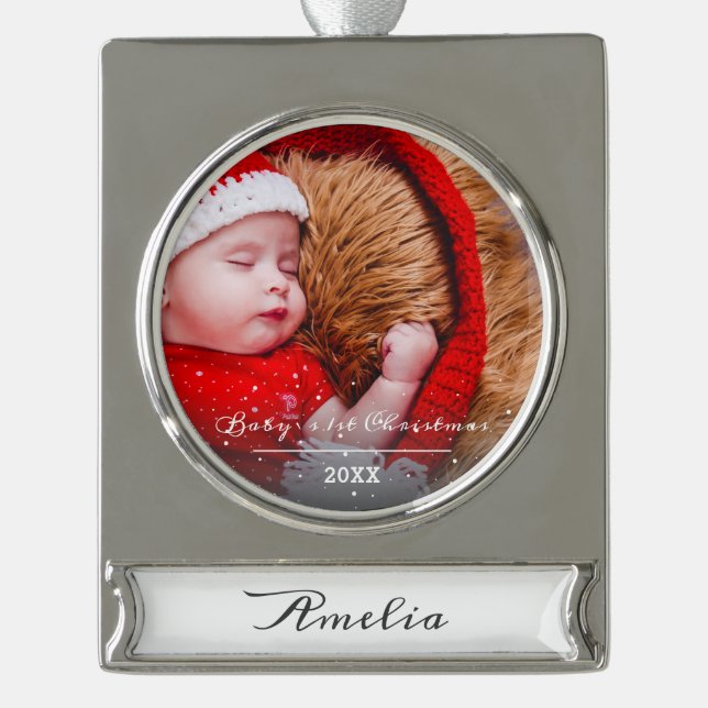 Baby`s First Christmas Cute Script Photo Ornament (Front)