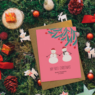 Baby’s First Christmas - cute Snowman Duo on pink Holiday Card