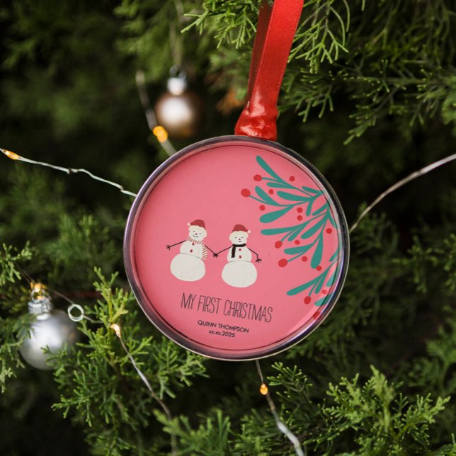 Baby’s First Christmas - cute Snowman Duo on pink Metal Ornament (Creator Uploaded)