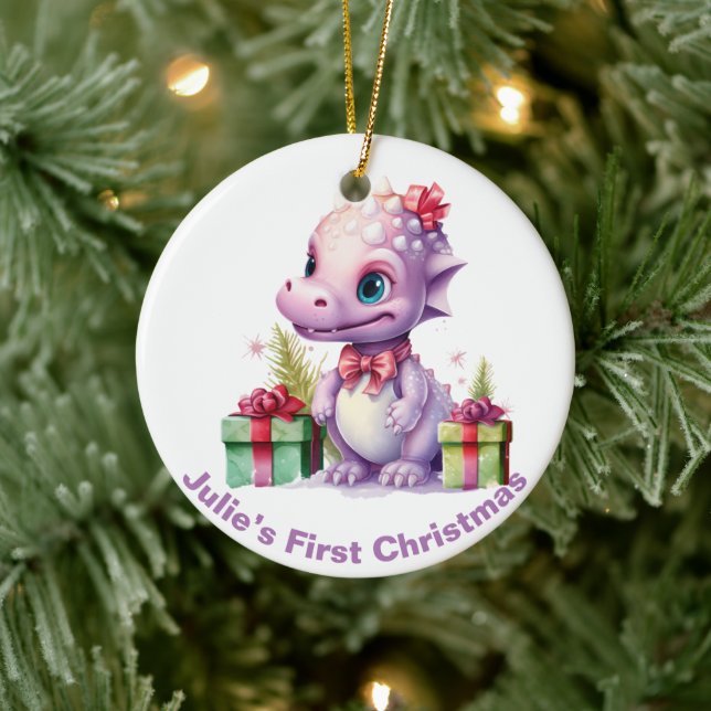 Baby’s First Christmas Dinosaur.  Customizable  Ceramic Ornament (Tree)