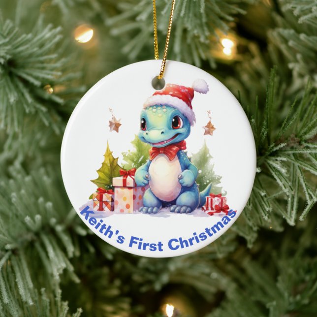 Baby’s First Christmas Dinosaur.  Customizable  Ceramic Ornament (Tree)