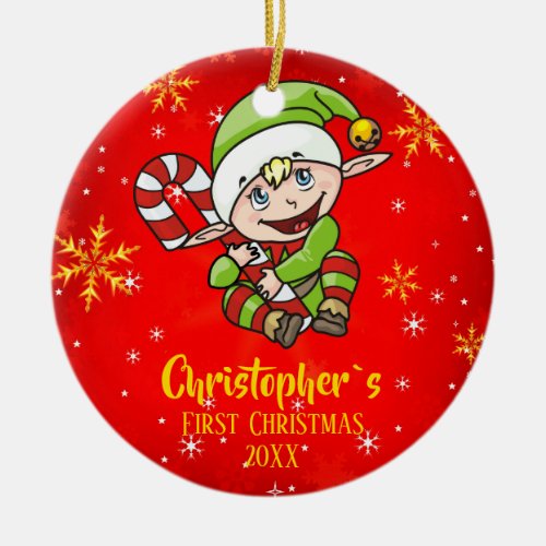 Babys First Christmas Elf Candy Cane Red Ceramic Ornament