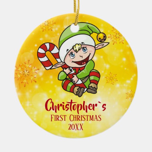 Babys First Christmas Elf Candy Cane Yellow Ceramic Ornament