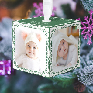 Baby’s First Christmas Forest Green Custom 4 Photo Cube Ornament