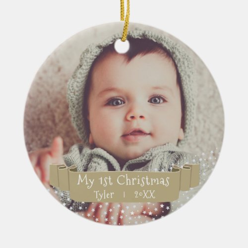 Babys First Christmas Golden Ribbon Photo Ceramic Ornament