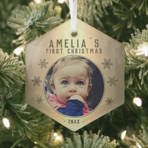 Babys First Christmas Golden Snowflake Photo  Glass Ornament