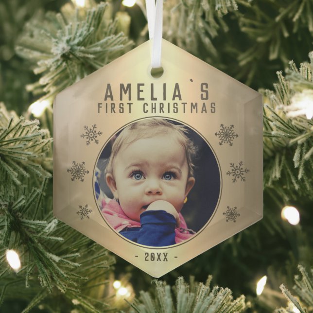Baby`s First Christmas Golden Snowflake Photo  Glass Ornament (Insitu)
