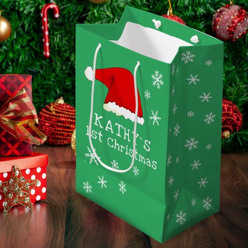 Babys First Christmas Green Santa Hat Snowflake Medium Gift Bag