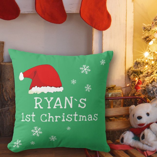 Baby`s First Christmas Green Santa Hat Snowflake Throw Pillow (Creator Uploaded)
