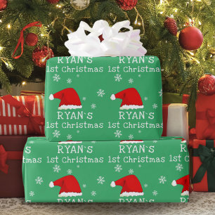 Baby`s First Christmas Green Santa Hat Snowflake Wrapping Paper