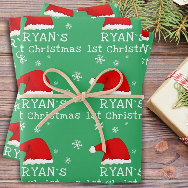 Baby`s First Christmas Green Santa Hat Snowflake Wrapping Paper Sheets (Creator Uploaded)