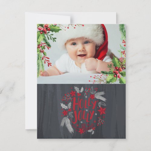 Babys First Christmas Holly BerriesBaby Photo Holiday Card